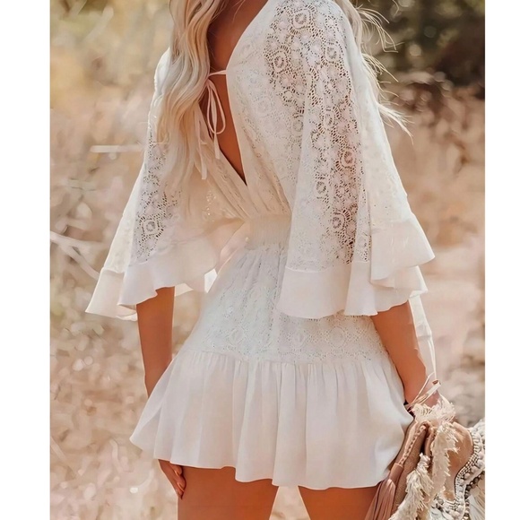 Boho Plunging Neck Kimono Sleeve Stretchy Waist Mini Dress - Picture 2 of 4